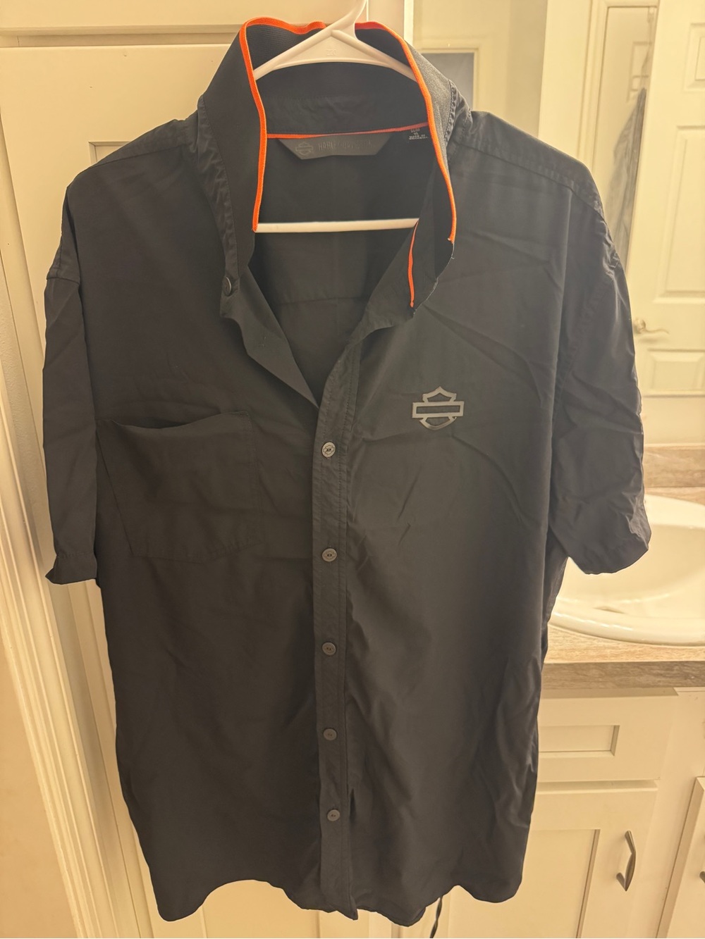 Harley-Davidson Black Short Sleeve Button-Down Shirt with Orange Trim